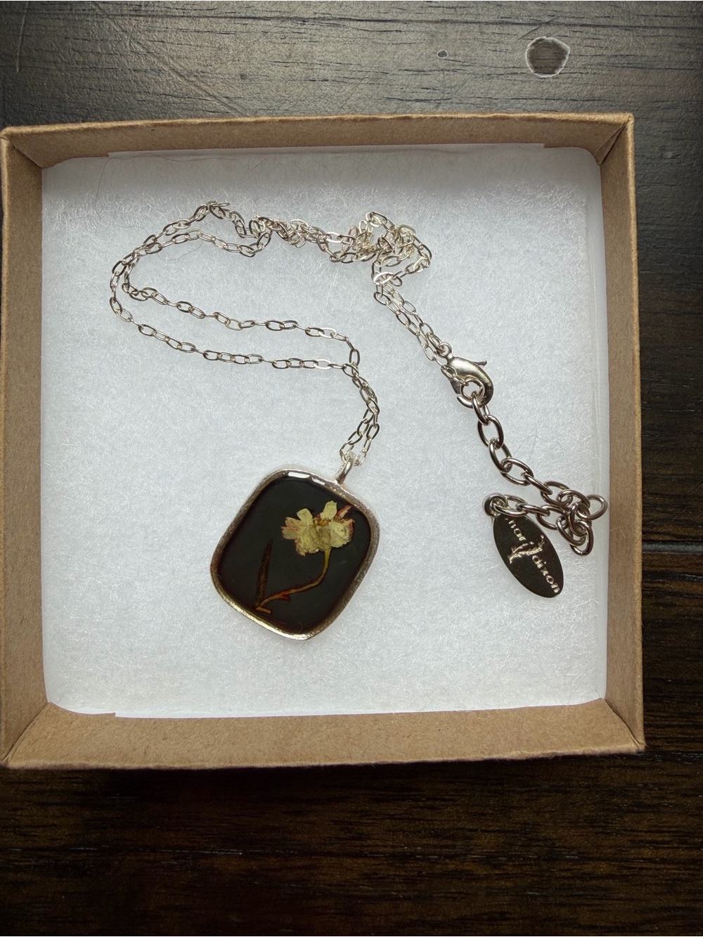 Shari Dixon Pressed Flower Necklace January Carnation Silver Tone